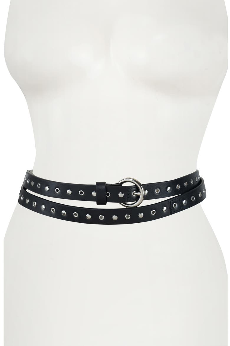 Stud Double Wrap Leather Belt, Main, color, BLACK / POLISHED NICKLE