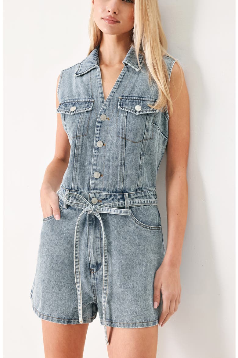 V-Neck Denim Romper, Alternate, color, LIGHT INDIGO