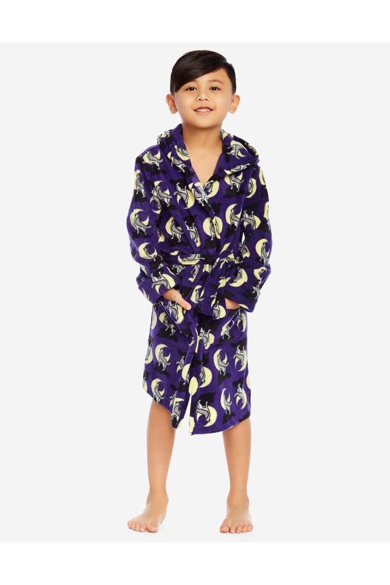 Kids Printed Fleece Hooded Robe, Main, color, Wolf & Moon Purple