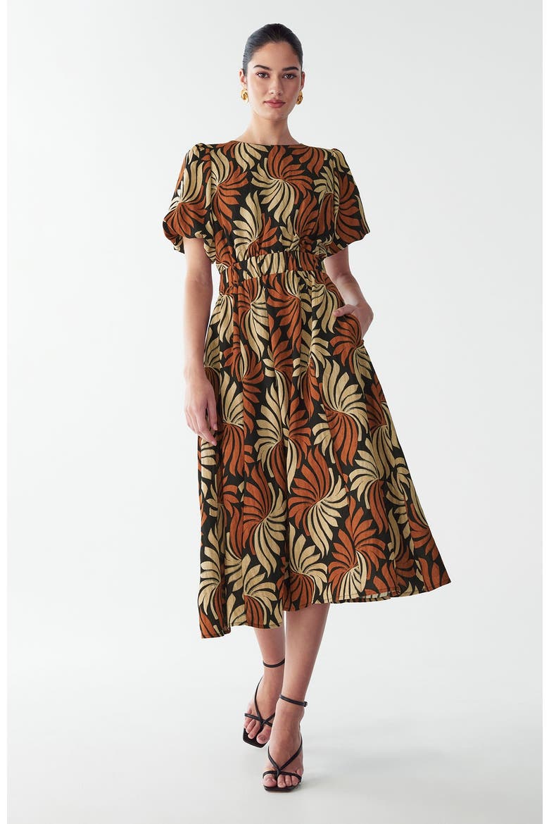 Pen Midi Dress, Alternate, color, Golden Leaf