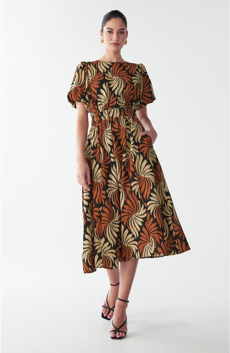 WILLA Pen Midi Dress, Alternate, color, Golden Leaf