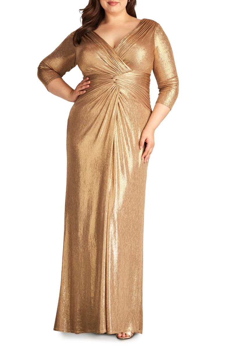 Tadashi Shoji Metallic Long Sleeve Gown, Main, color, Gold Dust