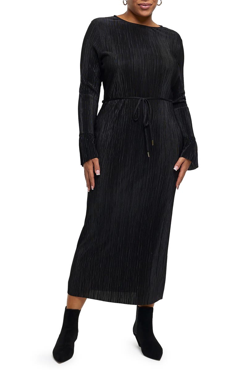 River Island Belted Long Sleeve Plissé Midi Dress, Main, color,