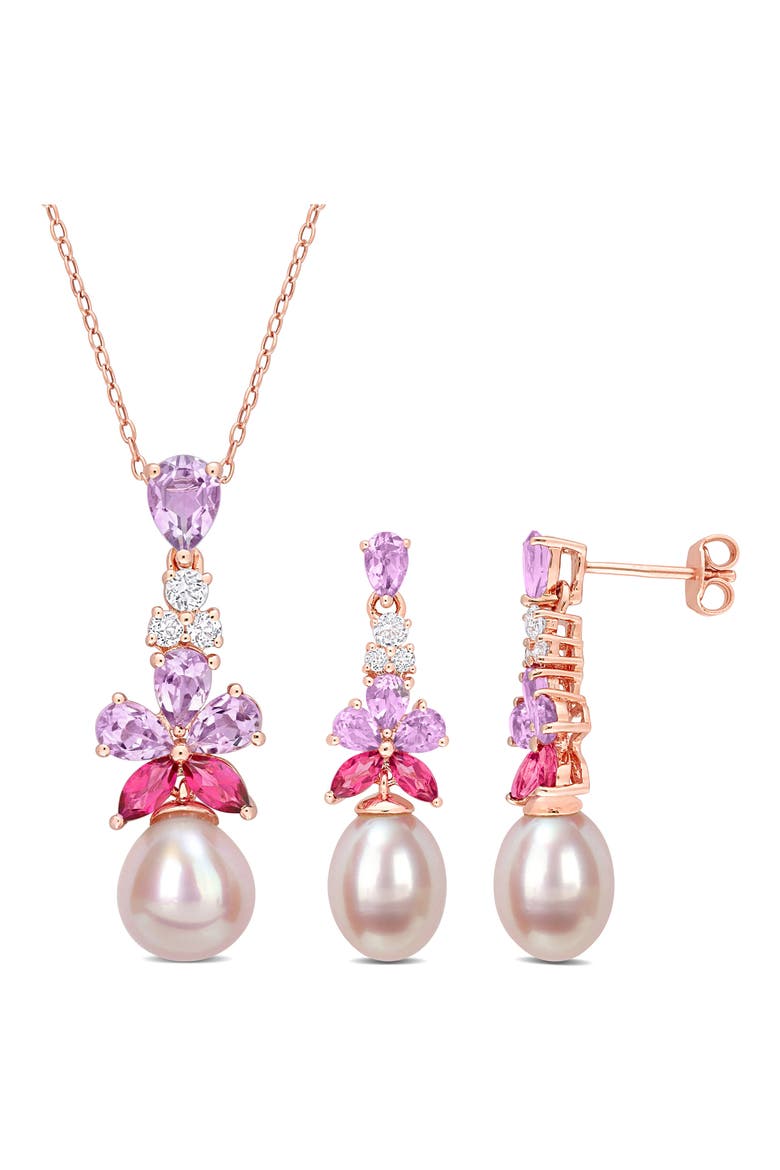 Cultured Freshwater Pearl & Pink Stone Necklace & Drop Earrings Set, Main, color, MULTICOLOR