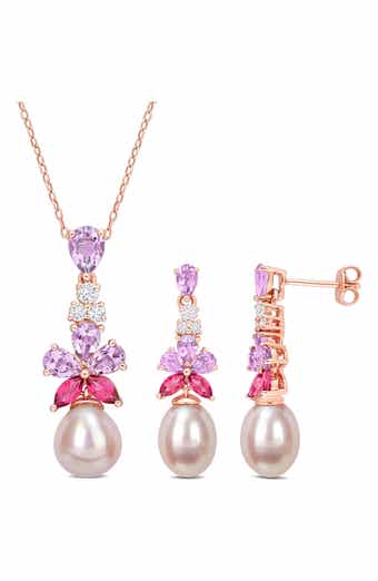 Cultured Freshwater Pearl & Pink Stone Necklace & Drop Earrings Set