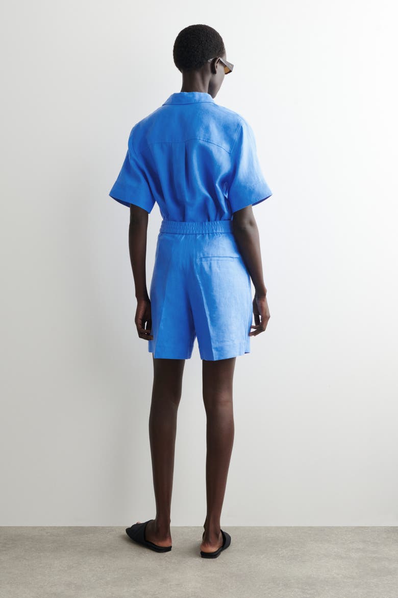 Tailored Elasticated Linen Shorts, Alternate, color, BLUE