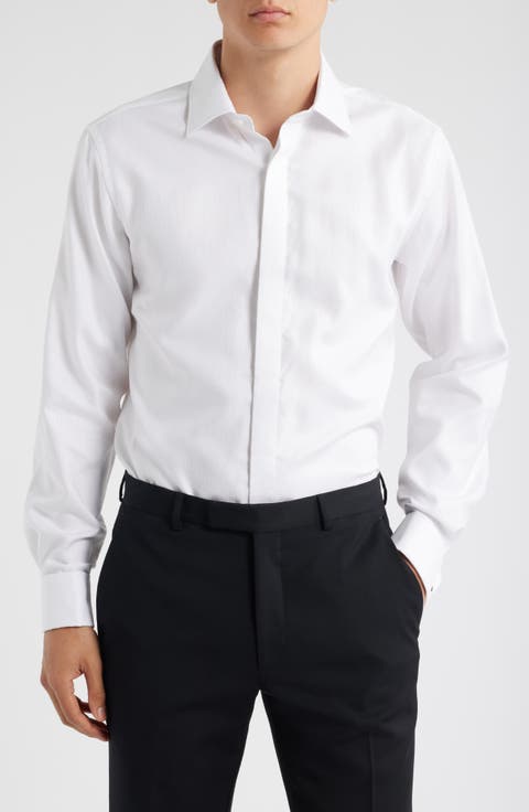 Trim Fit Solid White Textured Cotton Tuxedo Shirt