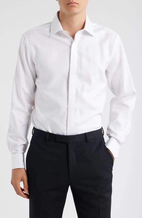 Lorenzo Uomo Trim Fit Solid White Textured Cotton Tuxedo Shirt 