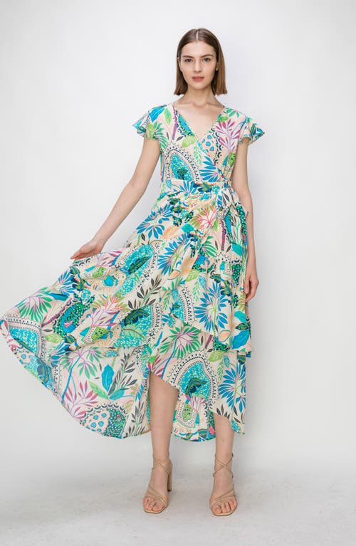 Melloday Floral Print Flutter Sleeve Faux Wrap Midi Dress In Multi