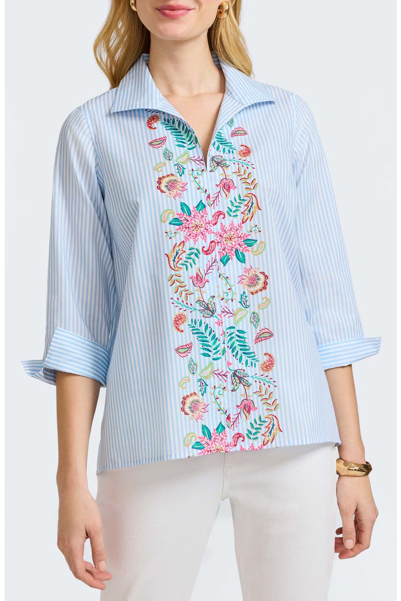 Stripe Floral Embroidered Cotton Button-Up Shirt, Main, color, BLUE MULTI