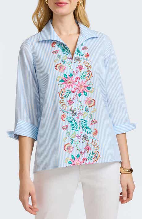 Stripe Floral Embroidered Cotton Button-Up Shirt