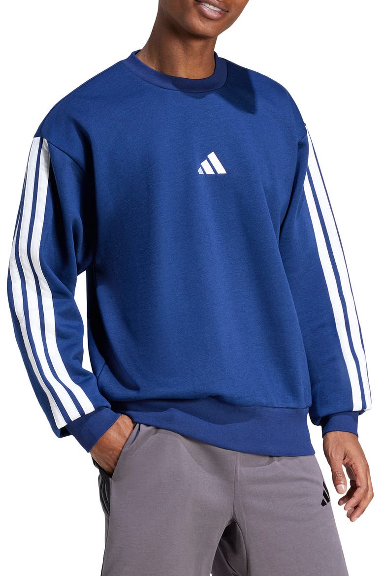 Essential 3-Stripes Fleece Pullover, Main, color, DKBLUE/WHI