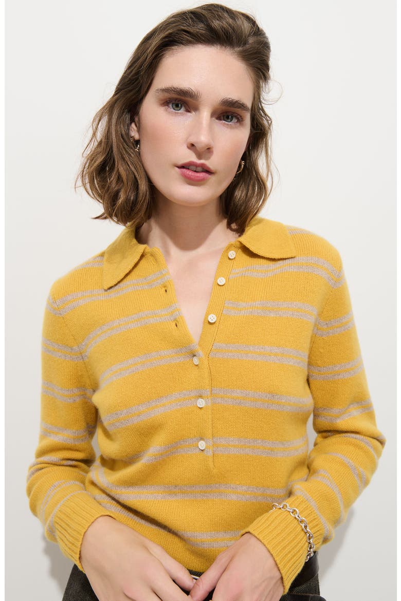 Park Cashmere Striped Polo Sweater, Alternate, color, OATMEAL / BEESWAX