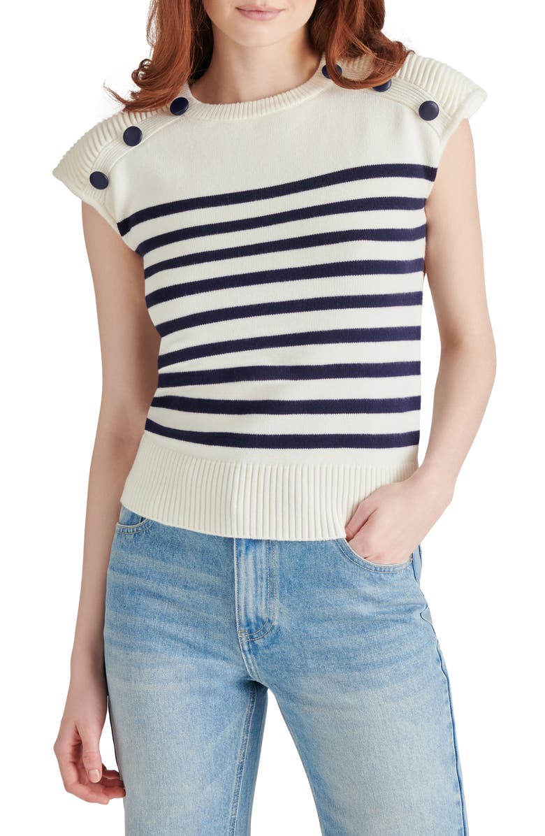 Steve Madden Tomas Stripe Button Shoulder Cap Sleeve Sweater, Main, color,