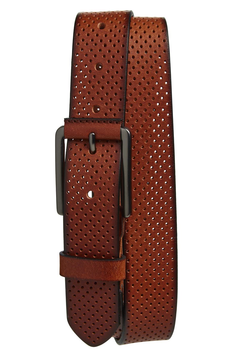 BOCONI Perforated Leather Belt, Main, color, Cognac