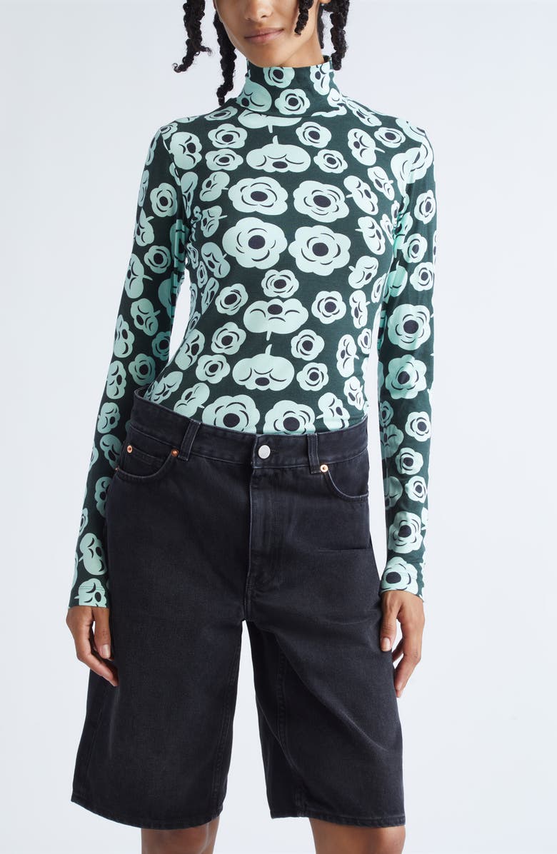 Marimekko Armas Tumma Floral Turtleneck Top, Main, color, Dark Green Turquoise Black