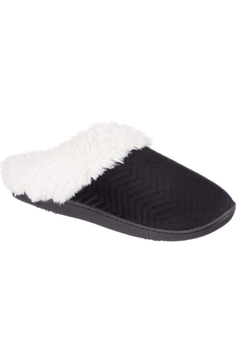 ISOTONER Louise Chevron Quilted Faux Shearling Lined Slipper, Main, color, Black