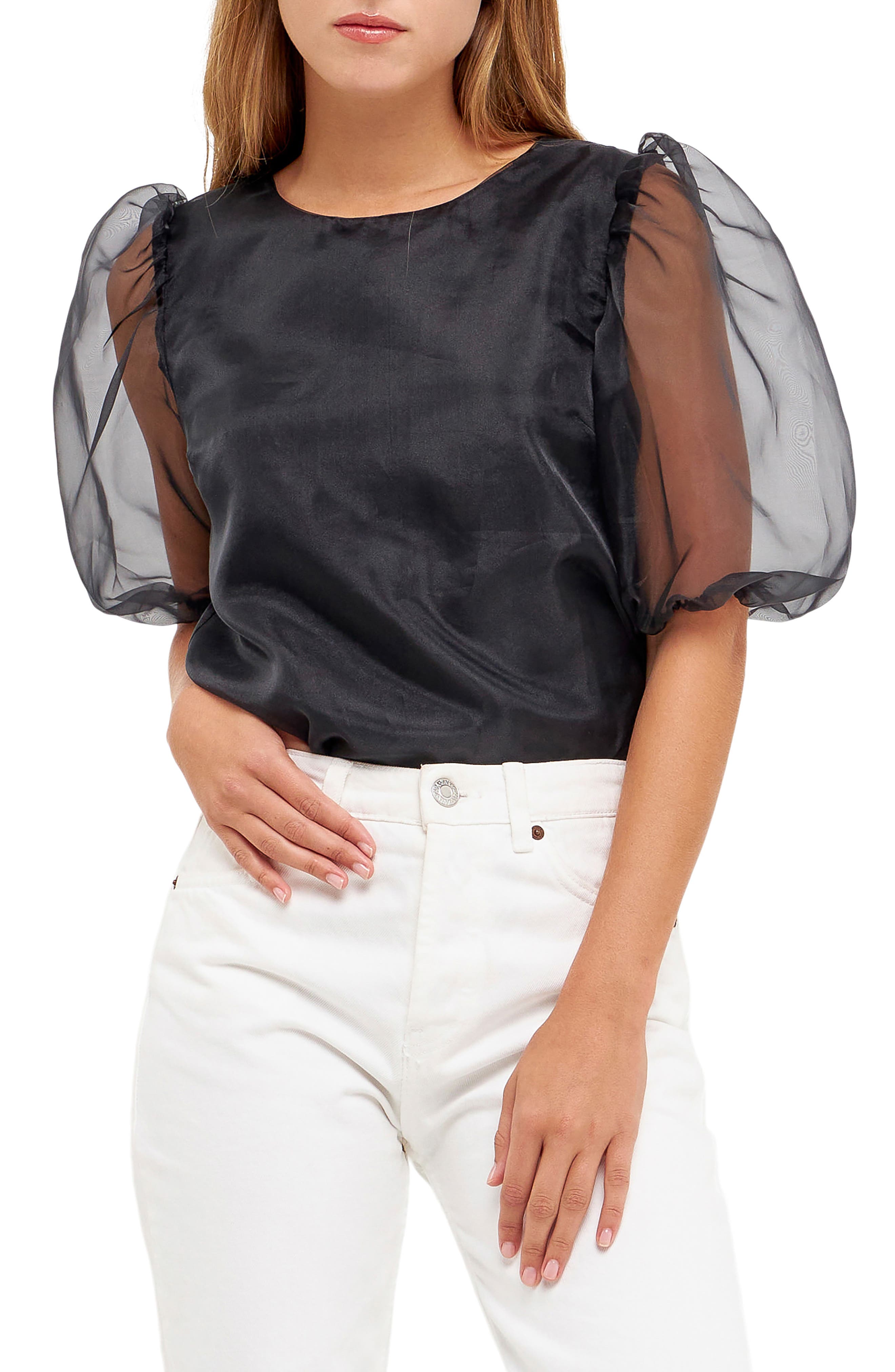 English Factory Sheer Puff Sleeve Organza Top