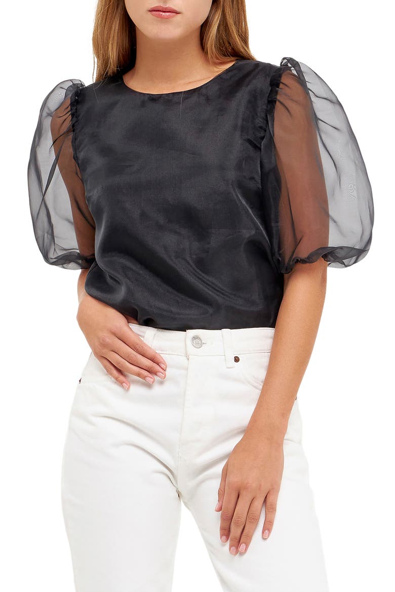 Sheer Puff Sleeve Organza Top, Main, color, BLACK