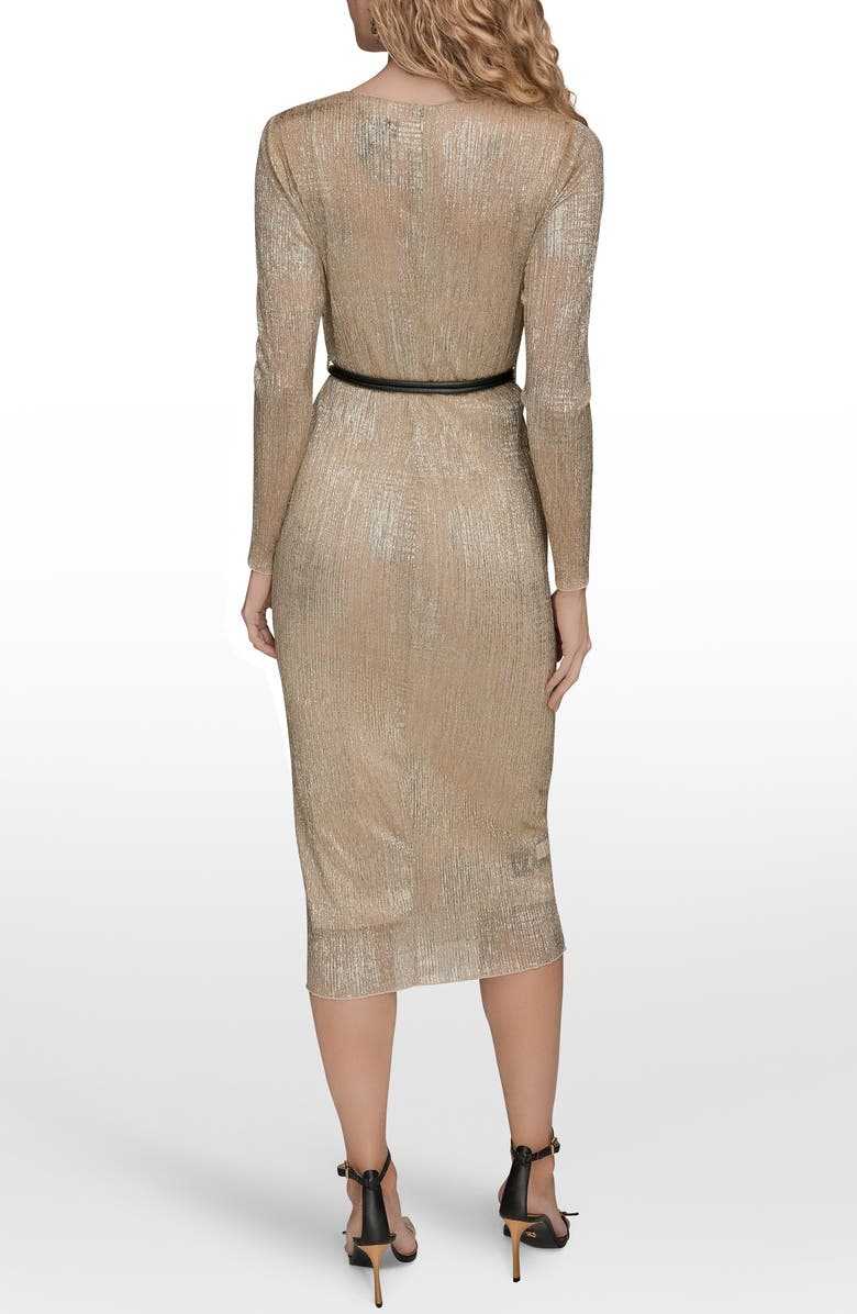 Donna Karan New York Metallic Belted Long Sleeve Mesh Midi Dress, Alternate, color, Gold