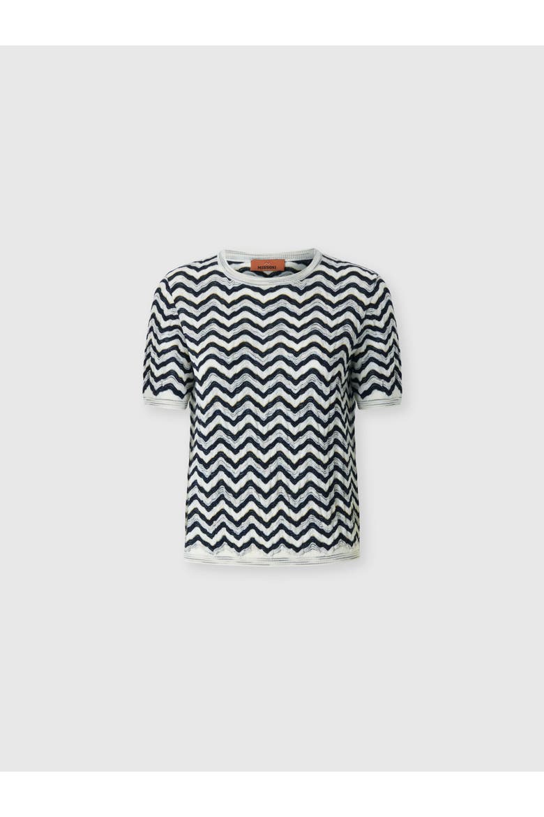 Short-sleeve Wool And Viscose Top With Wave Motif, Main, color, Blue& White