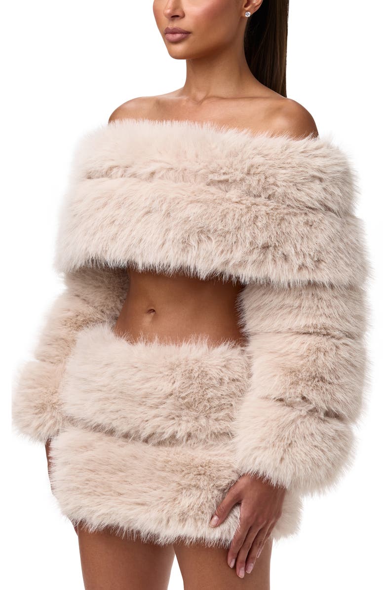 Naked Wardrobe Faux Fur Off the Shoulder Long Sleeve Crop Top, Alternate, color, Taupe