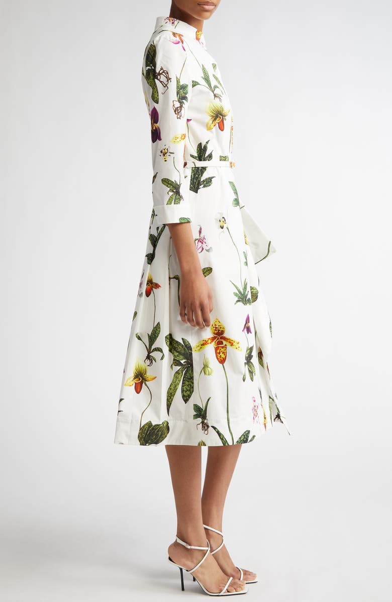 Oscar de la Renta Orchid Print Stretch Cotton Shirtdress, Alternate, color,