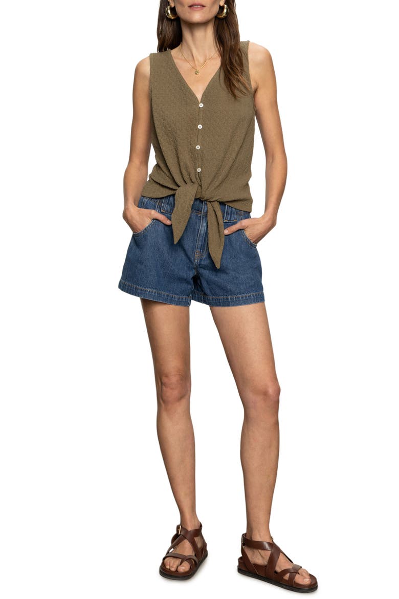 Vacation Textured Tie Front Button-Up Tank, Alternate, color, BURNT OLIVE