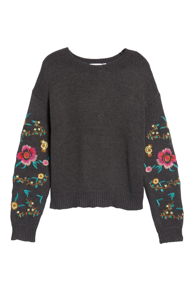 Floral Sleeve Sweater, Alternate, color, GREY