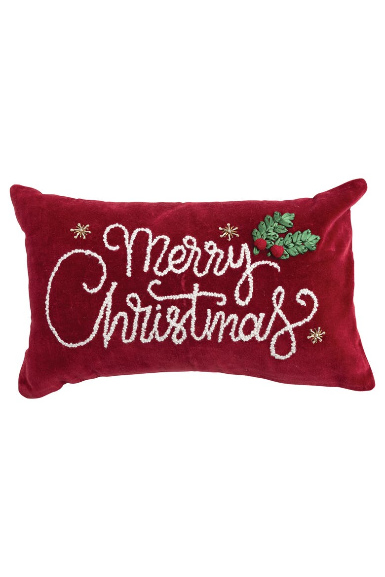 "Merry Christmas" Cotton Velvet Lumbar Pillow, Main, color, Burgundy, Green and White
