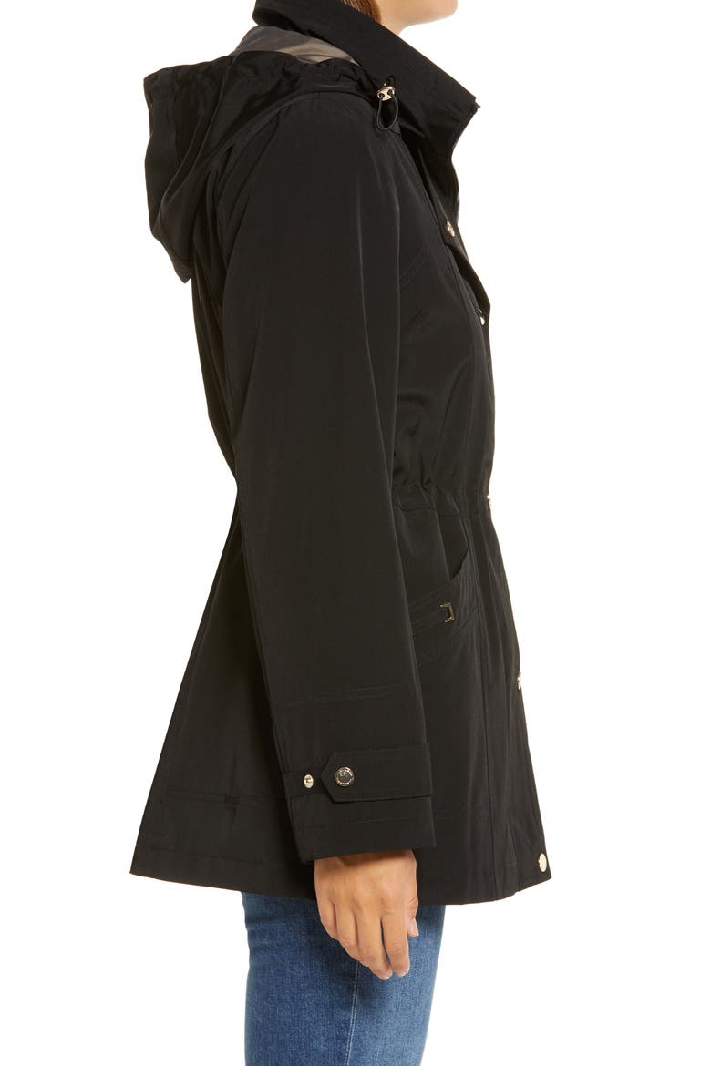 Cinched Waist Hooded Water Resistant Raincoat, Alternate, color, BLACK