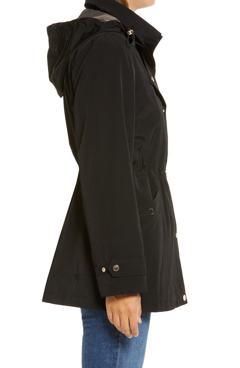 Gallery Cinched Waist Hooded Water Resistant Raincoat, Alternate, color, Black