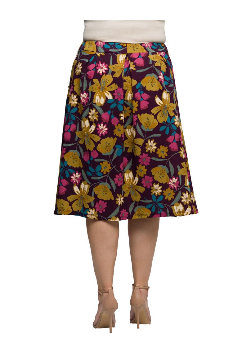 Plus Size Purple Floral Elastic Waist Pocket Midi Skirt, Alternate, color, Purple Multi