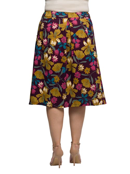 24seven Comfort Apparel Plus Size Purple Floral Elastic Waist Pocket Midi Skirt In Multi