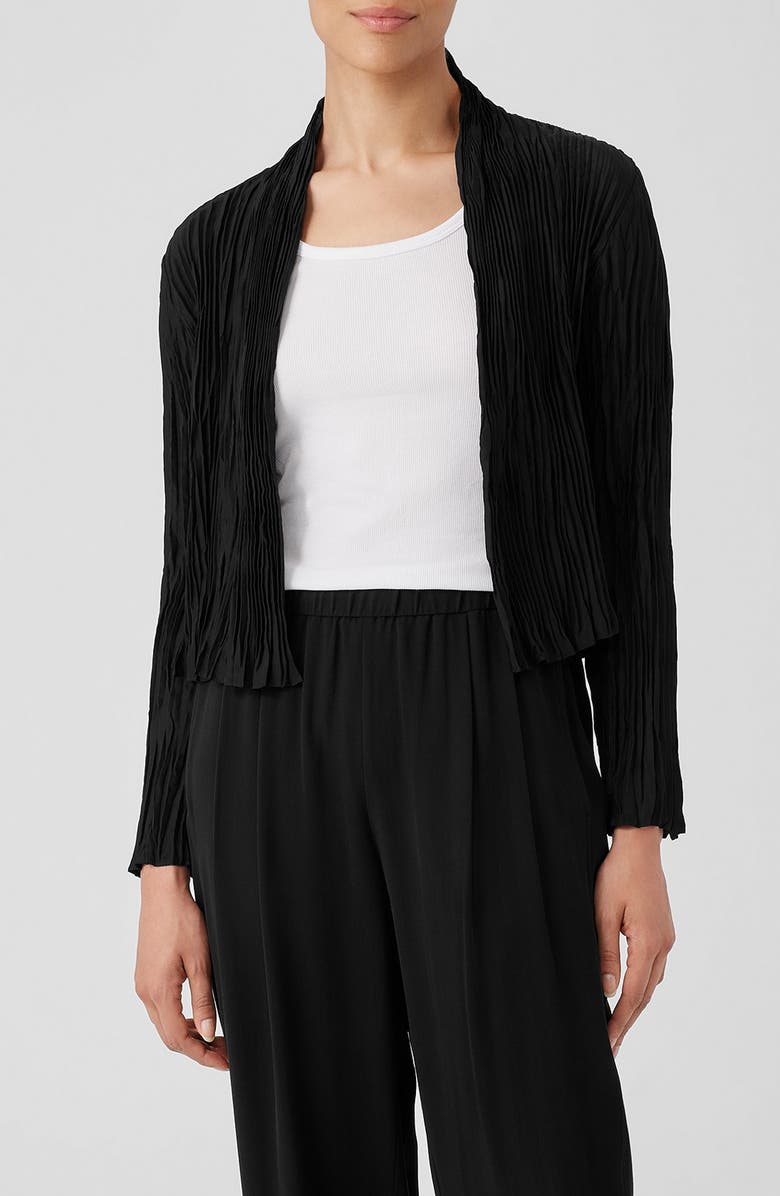 Eileen Fisher Pleated Open Front Silk Jacket, Main, color, Black