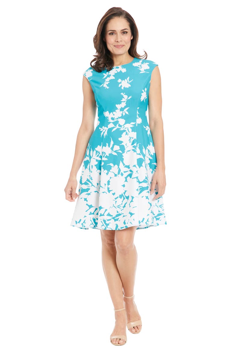 Monotone Floral Print Fit and Flare Dress, Alternate, color, TURQUOISE/ IVY