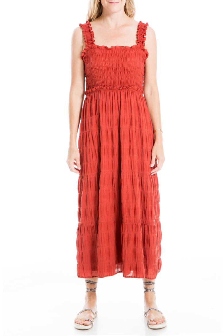 Sleeveless Smocked Tiered Maxi Dress, Main, color, WASHED RED