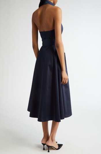 Halter Neck Belted Stretch Cotton Sateen Shirtdress