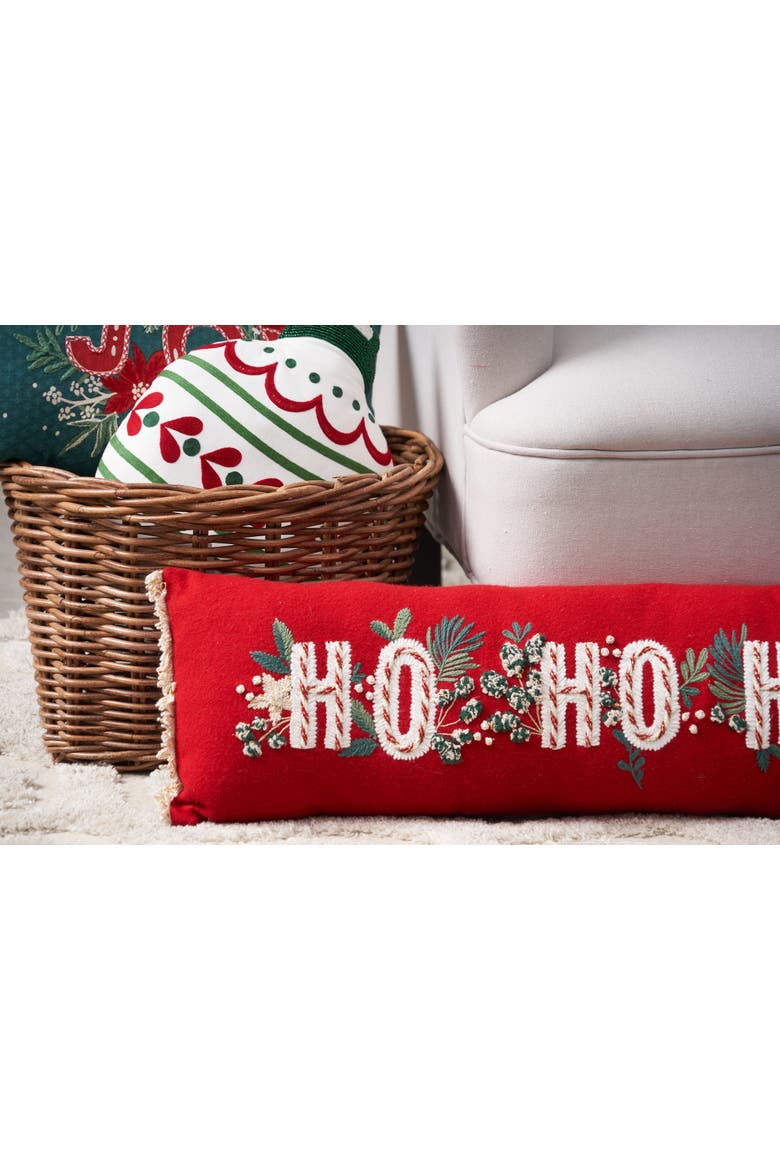 Embellished HO Botanical Fringed Christmas Lumbar Throw Pillow 30" x 10", Alternate, color, Red
