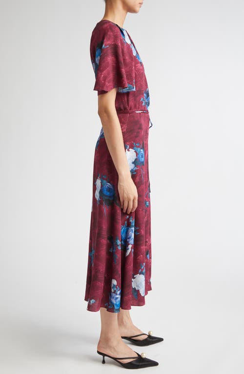 Erdem Abstract Rose Print Short Sleeve Satin Midi Dress In Pink