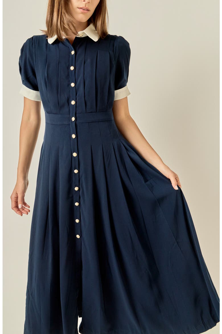 Short Sleeve Pleated Midi Shirtdress, Alternate, color, NAVY/ WHITE