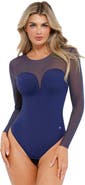 Popilush Sheer Mesh Sultry Date Night & Cocktail Long Sleeve Bodysuit