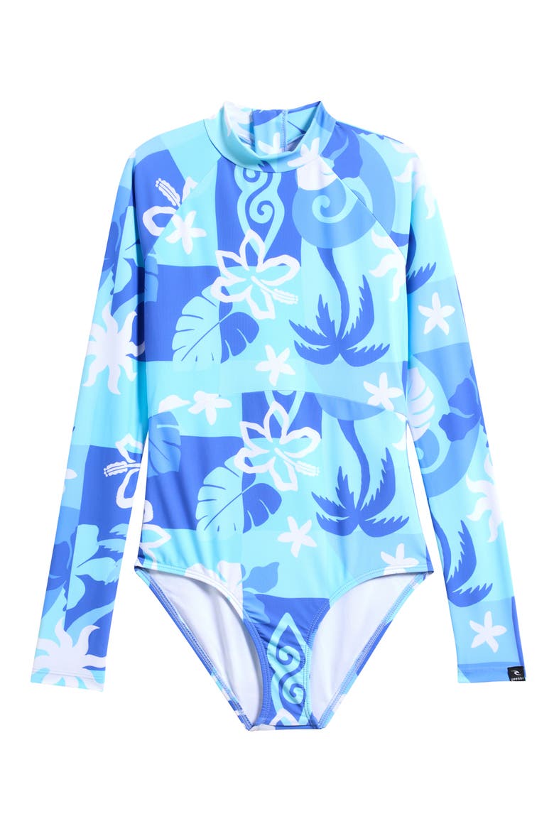 Kids' Tropical Dawn Long Sleeve One-Piece Surf Swimsuit, Main, color, BLUE LAGOON