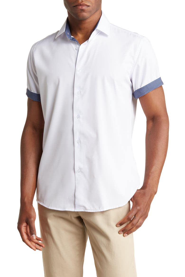 Slim Fit Short Sleeve Performance Stretch Button-Up Shirt, Main, color, WHITE