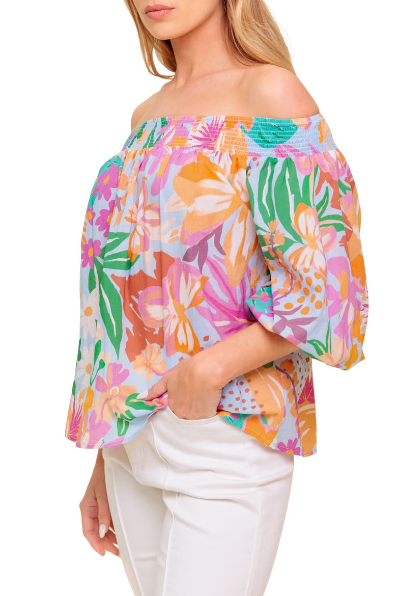 Printed Off The Shoulder Top, Alternate, color, DUSTY BLUE/ ORANGE
