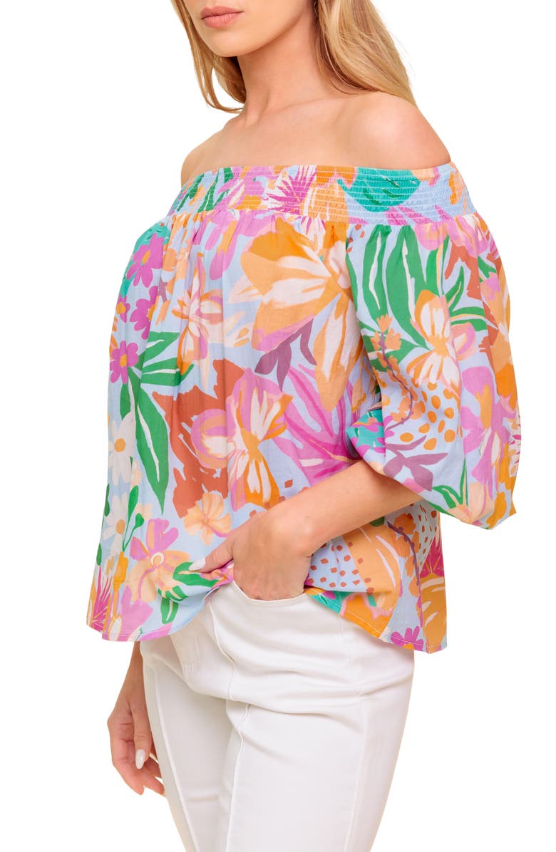 FLYING TOMATO Printed Off The Shoulder Top, Alternate, color, Dusty Blue/ Orange