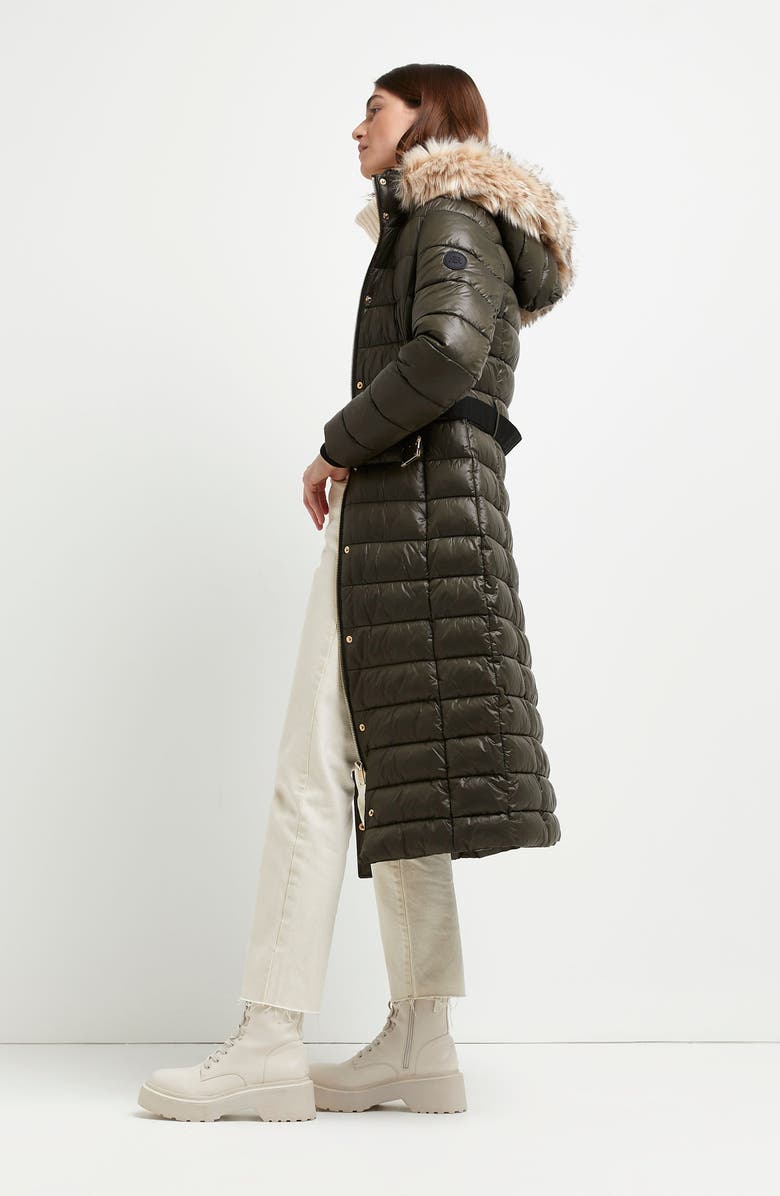 River Island Longline Belted Puffer Coat with Faux Fur Trim, Main, color, 