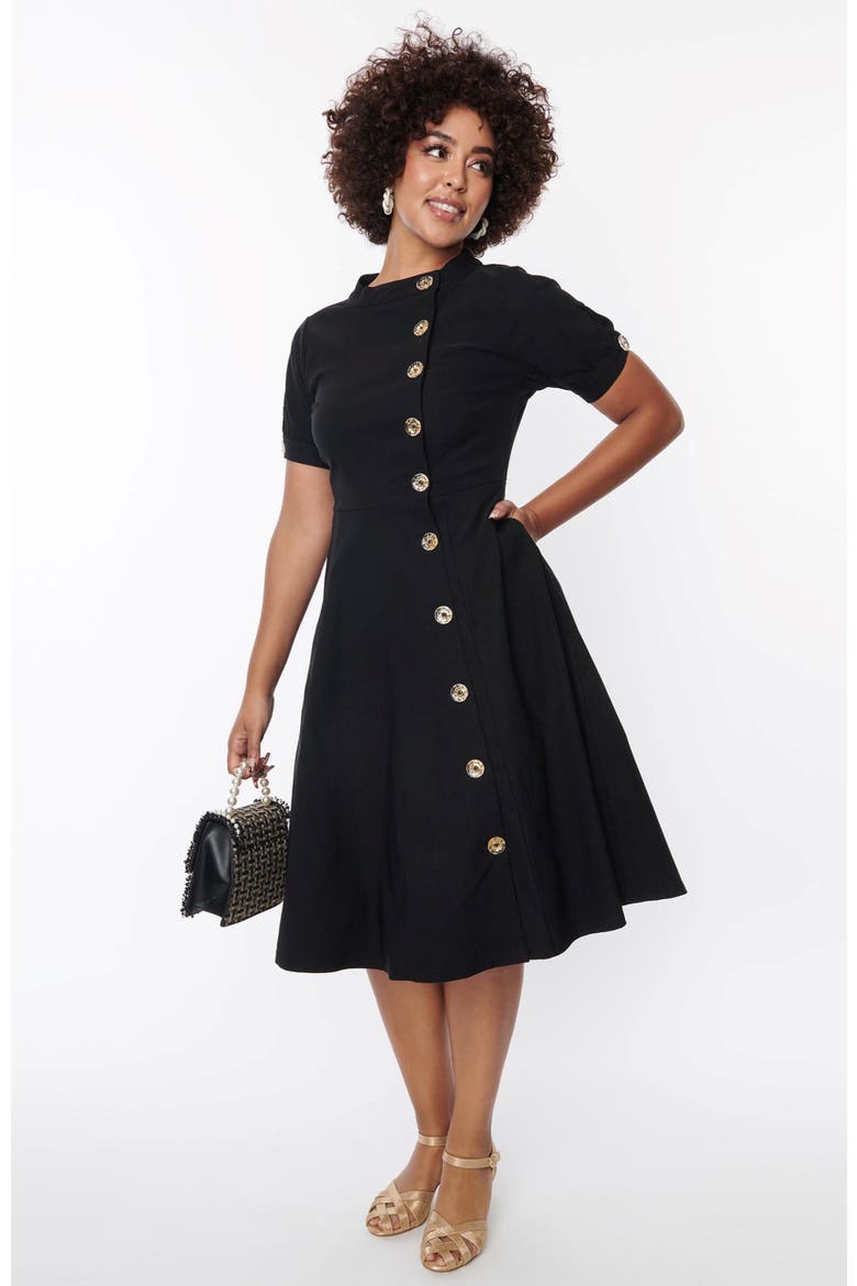 Asymmetrical Button Woven Swing Dress, Main, color, Black