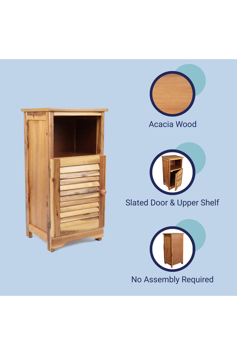Serene Handcrafted Acacia Wood Bathroom Freestanding Floor Storage Cabinet with Louvered Door and Open Shelf, Alternate, color, Natural