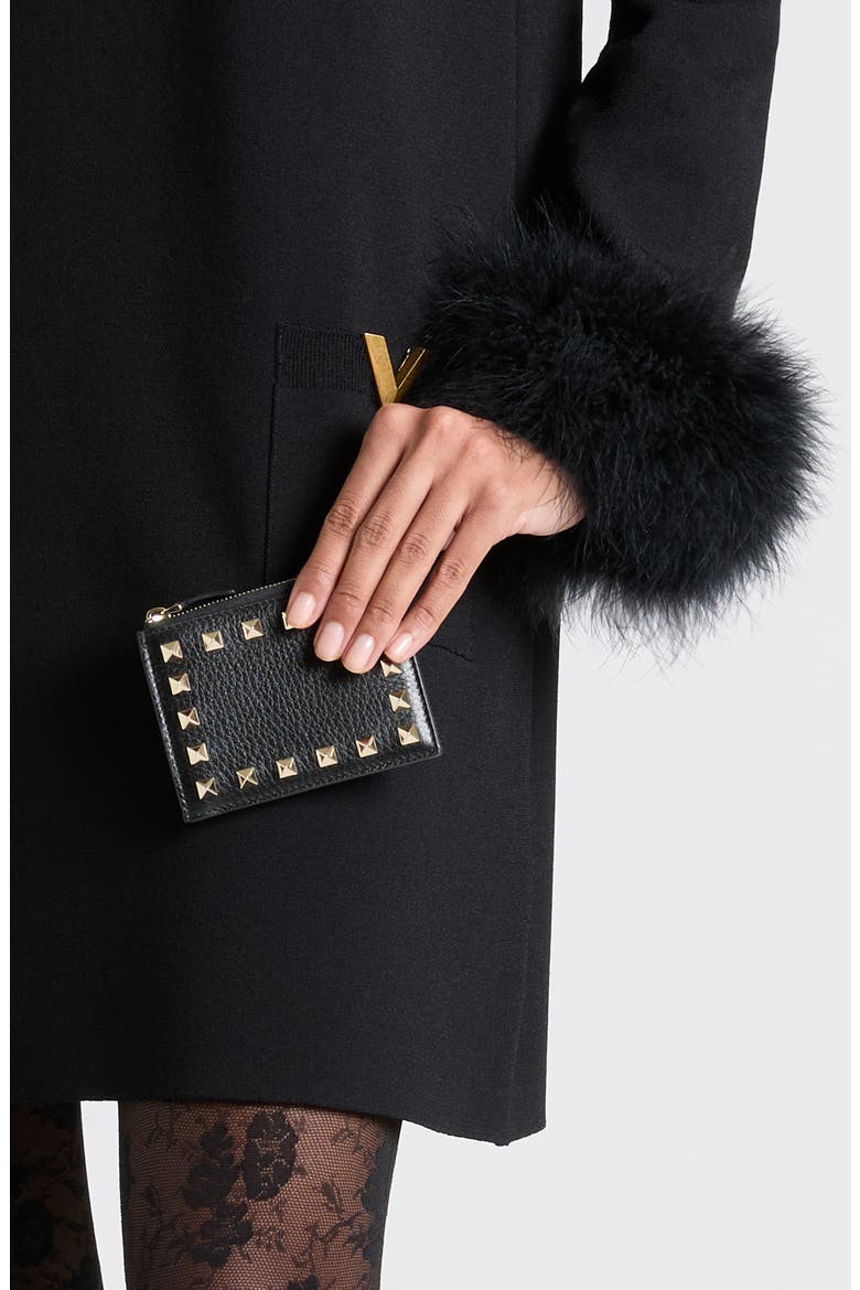 Rockstud Leather Coin Card Case, Alternate, color, BLACK